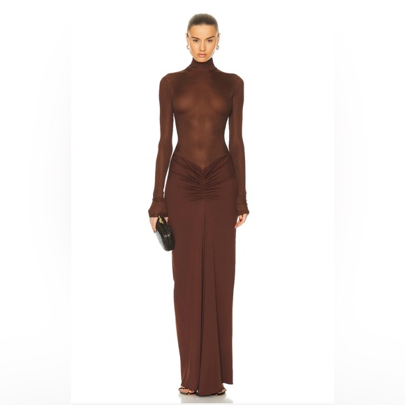 Christopher Esber - Fusion Turtleneck Long-Sleeve Gathered Maxi Dress Mahogany - Picture 1 of 9